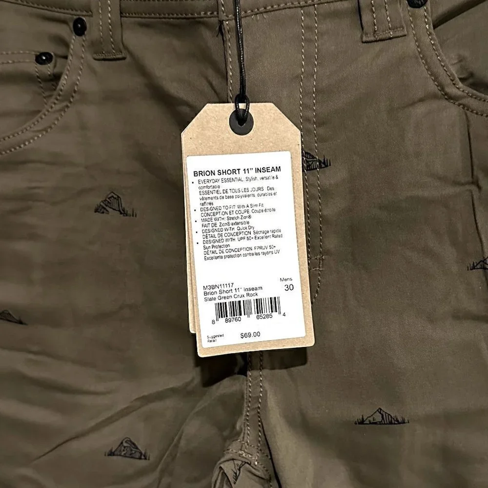 NWT Prana Men's Brion 11 inch Short in Slate Green Crux Rock - Size 30